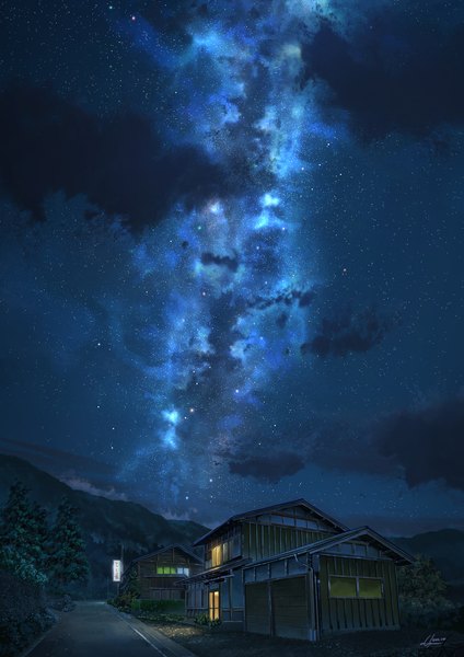 Anime picture 1358x1920 with original niko p tall image signed cloud (clouds) night night sky no people landscape scenic milky way plant (plants) tree (trees) building (buildings) star (stars) house