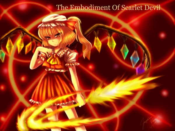 Anime picture 1600x1200 with touhou flandre scarlet highres short hair blonde hair red eyes wallpaper one side up girl dress skirt bow ribbon (ribbons) hat wings bonnet skirt set fire hakimo