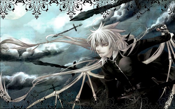 Anime picture 1300x809 with azuma yuuki single long hair wide image sky cloud (clouds) white hair pointy ears framed boy weapon sword wings