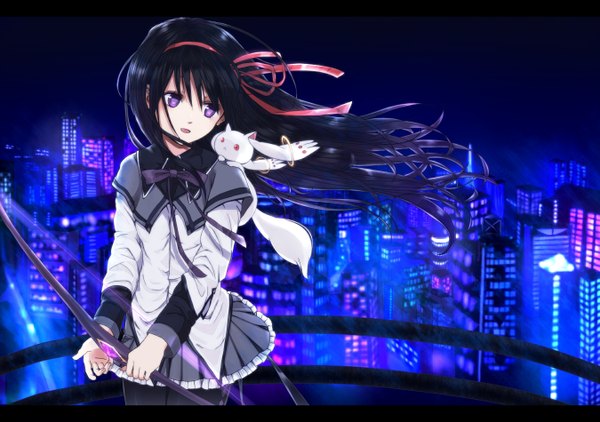 Anime picture 1350x950 with mahou shoujo madoka magica shaft (studio) akemi homura kyuubee long hair black hair pink eyes night city cityscape city lights girl skirt bow ribbon (ribbons) hair ribbon miniskirt animal hairband bow (weapon)