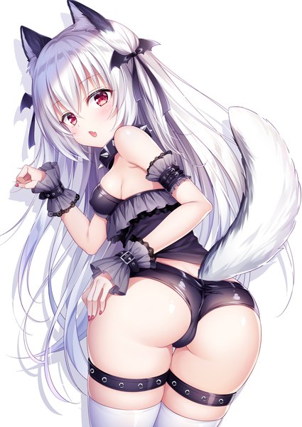 Anime picture 2508x3541 with original mitsuba choco single long hair tall image looking at viewer blush fringe highres breasts open mouth light erotic simple background hair between eyes red eyes standing white background animal ears silver hair ass