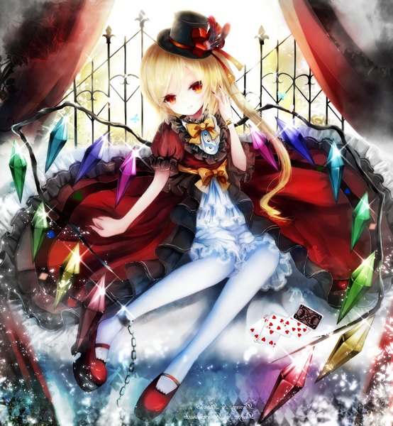 Anime picture 1664x1800 with touhou flandre scarlet basilis9 single long hair tall image looking at viewer fringe blonde hair red eyes sitting bent knee (knees) ponytail nail polish head tilt fingernails sunlight inscription short sleeves side ponytail