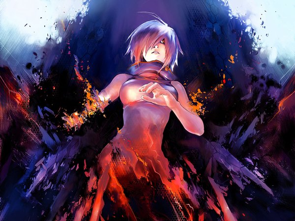 Anime picture 1600x1200 with original asuka111 single fringe short hair red eyes bare shoulders looking away purple hair ahoge hair over one eye from below sleeveless girl fire flame