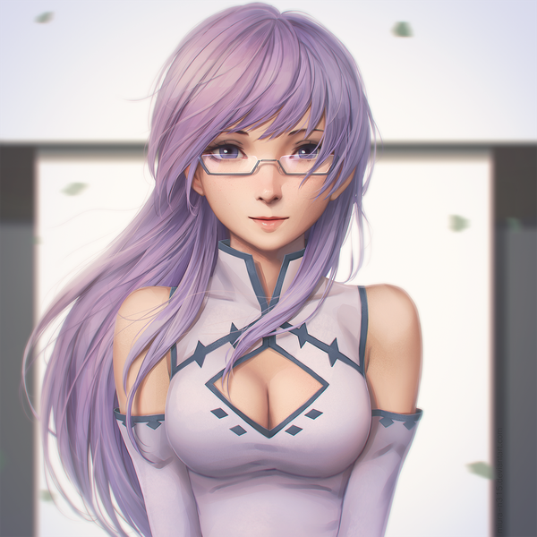 Anime picture 1364x1364 with akame ga kill! white fox sheele (akame ga kill!) miura-n315 single long hair looking at viewer breasts light erotic purple eyes bare shoulders cleavage purple hair upper body wind lips blurry realistic depth of field cleavage cutout