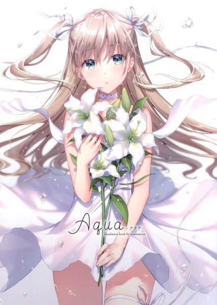 Anime picture 2111x2958 with original masuishi kinoto single long hair tall image looking at viewer blush fringe highres simple background blonde hair hair between eyes white background holding green eyes scan two side up floating hair text girl