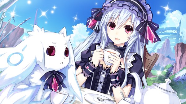 Anime picture 1280x720 with fairy fencer f tiara (fairy fencer f) cui (fairy fencer f) tsunako long hair looking at viewer fringe open mouth wide image game cg sky cloud (clouds) white hair pink eyes light smile ruins girl dress bow weapon