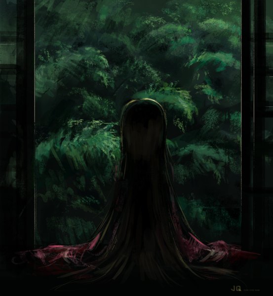 Anime picture 1200x1301 with touhou houraisan kaguya jq single long hair tall image black hair sitting from behind nature girl tree (trees) forest