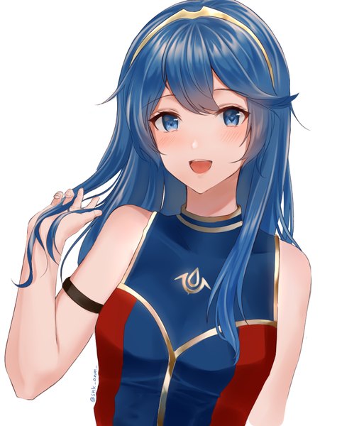 Anime picture 954x1131 with fire emblem fire emblem awakening fire emblem cipher nintendo lucina (fire emblem) snk anm single long hair tall image looking at viewer blush fringe breasts open mouth blue eyes simple background smile white background bare shoulders signed