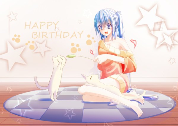 Anime picture 1300x925 with vocaloid hatsune miku kironxx single long hair open mouth blue eyes twintails blue hair barefoot legs happy birthday girl animal star (symbol) cat sweater