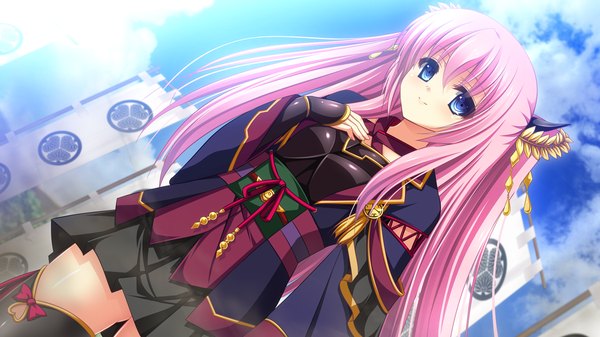 Anime picture 1280x720 with sengoku hime 4 long hair blue eyes wide image pink hair game cg traditional clothes girl thighhighs hair ornament black thighhighs obi banner