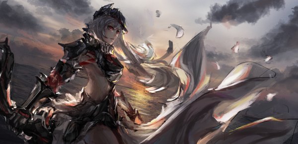 Anime picture 4854x2356 with original aenrs single long hair fringe highres red eyes wide image standing holding looking away absurdres sky cloud (clouds) white hair parted lips wind sunlight evening reflection