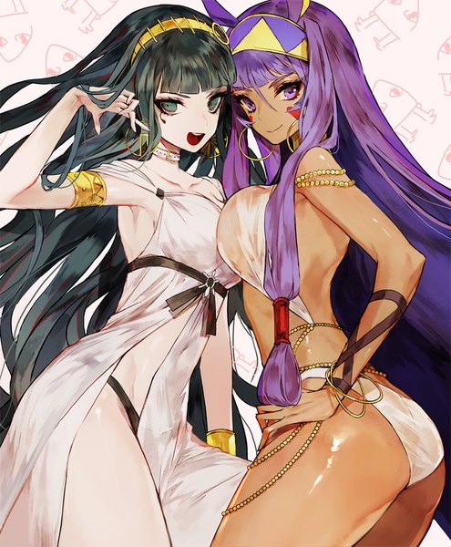 Anime picture 800x969 with fate (series) fate/grand order nitocris (fate) medjed cleopatra (fate/grand order) mo (mocopo) long hair tall image looking at viewer fringe breasts open mouth light erotic black hair smile large breasts purple eyes multiple girls purple hair ass