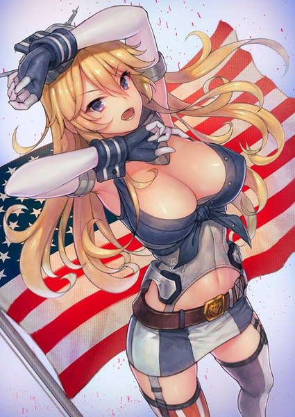 イラスト 600x847 と 艦隊これくしょん アイオワ(艦これ) urokoda ソロ 長髪 長身像 カメラ目線 前髪 おっぱい 青い目 light erotic 金髪 hair between eyes 大きな乳房 立つ bent knee (knees) from above arms up :o ストライプ