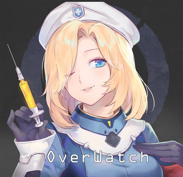 Anime picture 900x872 with overwatch blizzard entertainment mercy (overwatch) combat medic ziegler lino chang single long hair fringe blue eyes blonde hair one eye closed light smile wink hair over one eye copyright name portrait girl beret syringe