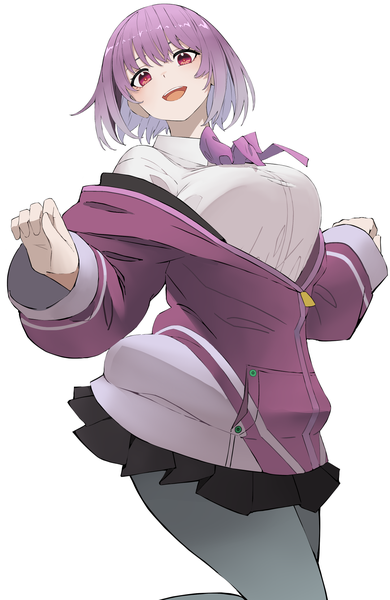 Anime picture 1260x1940 with gridman universe ssss.gridman studio trigger shinjou akane reibun (raven1119) single tall image short hair breasts open mouth light erotic simple background red eyes large breasts white background purple hair :d partially open clothes bouncing breasts girl