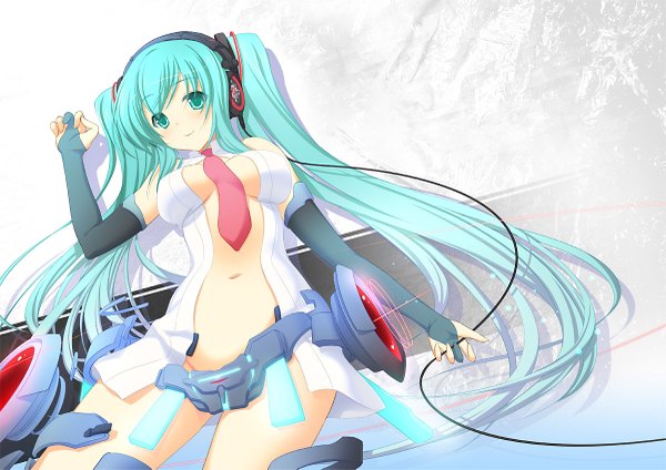 Anime picture 1200x849 with vocaloid vocaloid append hatsune miku hatsune miku (append) 47agdragon single long hair light erotic twintails green eyes green hair girl gloves navel detached sleeves necktie headphones fingerless gloves