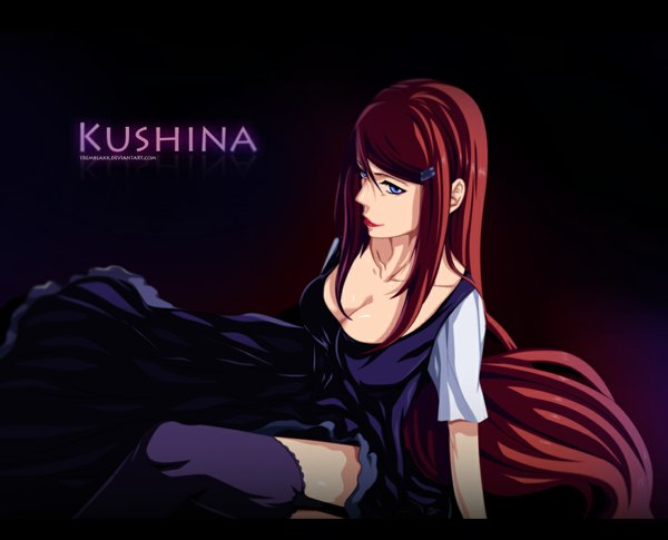 Anime picture 1100x890 with naruto studio pierrot naruto (series) uzumaki kushina tremblax single looking at viewer blue eyes smile red hair very long hair inscription lipstick coloring dark background letterboxed jinchuriki girl thighhighs dress
