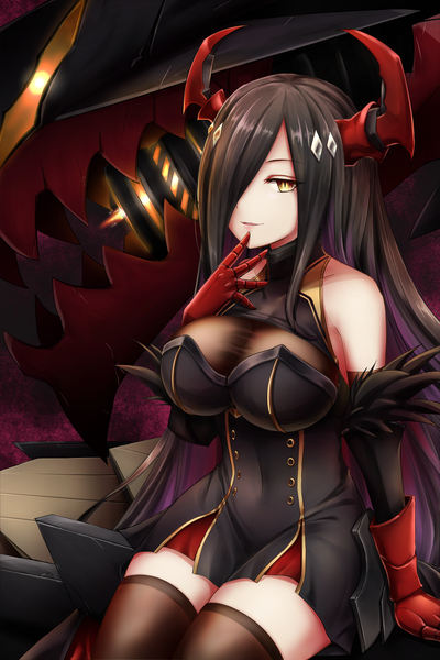 Anime picture 1250x1875 with azur lane friedrich der grosse (azur lane) chysk hm single long hair tall image looking at viewer fringe breasts light erotic black hair large breasts sitting bare shoulders yellow eyes payot parted lips hair over one eye arm support finger to mouth