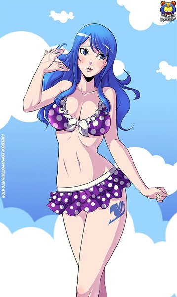 Anime picture 598x1000 with fairy tail juvia lockser kyoffie12 single long hair tall image blush fringe blue eyes light erotic blue hair looking away lips bare belly midriff tattoo girl swimsuit bikini bikini skirt