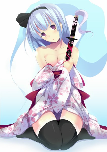 Anime picture 800x1131 with touhou konpaku youmu myon daiaru single tall image looking at viewer blush short hair breasts light erotic red eyes blue hair traditional clothes japanese clothes ghost girl thighhighs weapon black thighhighs