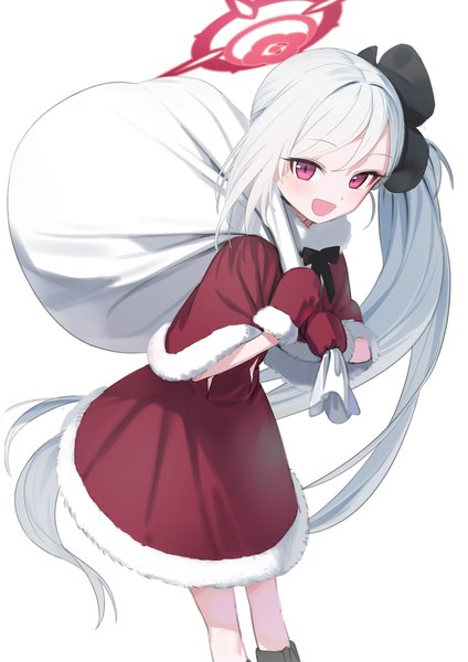 Anime picture 868x1228 with blue archive mutsuki (blue archive) wasabi60 single tall image open mouth simple background white background silver hair very long hair :d pink eyes side ponytail girl halo santa claus costume mittens sack