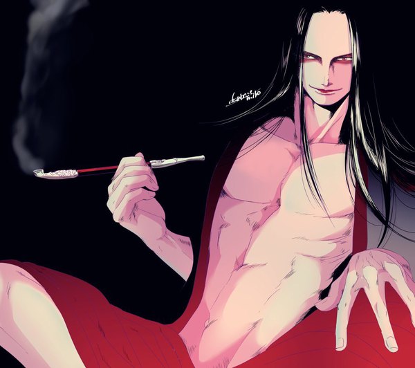 Anime picture 1126x1000 with one piece toei animation izou (one piece) danbat miho single long hair looking at viewer light erotic black hair simple background smile sitting holding signed payot lips black eyes lipstick black background smoke