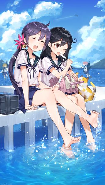 Anime picture 1146x2000 with kantai collection ushio destroyer akebono destroyer sazanami destroyer oboro destroyer mika pikazo long hair tall image blush fringe short hair open mouth black hair blonde hair hair between eyes sitting twintails multiple girls holding brown eyes