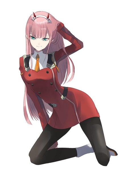 Anime picture 1000x1340 with darling in the franxx studio trigger zero two (darling in the franxx) kayanogura single long hair tall image looking at viewer fringe simple background white background pink hair full body horn (horns) aqua eyes kneeling adjusting hair military girl uniform