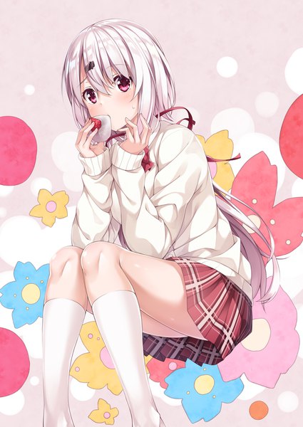 Anime picture 2508x3541 with virtual youtuber nijisanji shiina yuika yuuri nayuta single long hair tall image looking at viewer blush fringe highres hair between eyes sitting holding silver hair bent knee (knees) pleated skirt pink eyes sleeves past wrists plaid skirt