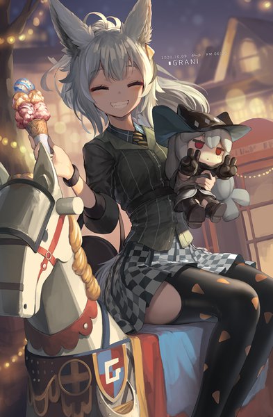Anime picture 740x1130 with arknights skadi (arknights) grani (arknights) grani (miraculous moment) (arknights) jakoujika single long hair tall image blush fringe smile sitting animal ears ahoge outdoors ponytail eyes closed grey hair grin official alternate costume