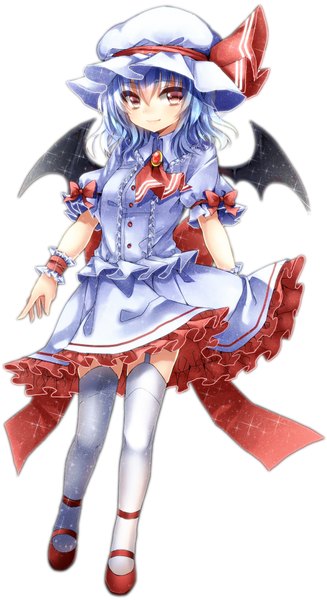 Anime picture 1000x1833 with touhou remilia scarlet tsukiriran single tall image short hair simple background red eyes white background blue hair girl thighhighs dress white thighhighs wings frills