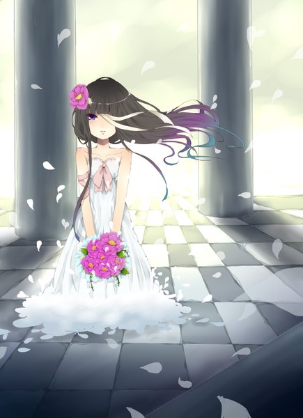 Anime picture 1696x2336 with inu x boku ss david production shirakiin ririchiyo single long hair tall image looking at viewer purple eyes multicolored hair two-tone hair checkered floor girl dress flower (flowers) petals white dress bouquet