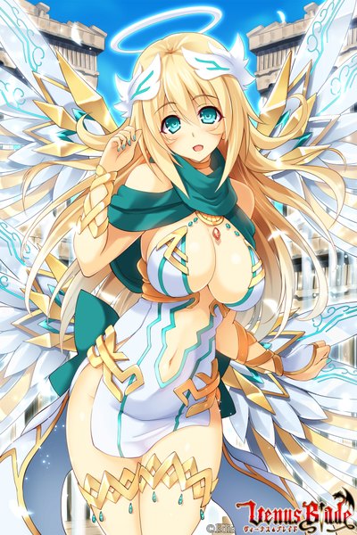 Anime picture 1280x1920 with venus blade hisenkaede single long hair tall image looking at viewer blush breasts open mouth light erotic blonde hair large breasts bare shoulders signed sky nail polish aqua eyes alternate costume spread arms angel wings