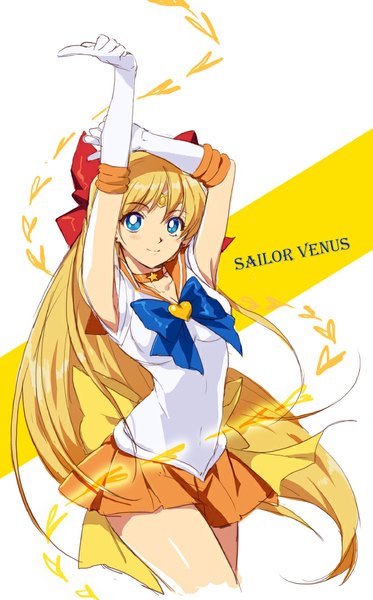 Anime picture 622x1000 with bishoujo senshi sailor moon toei animation aino minako sailor venus meer rowe single long hair tall image looking at viewer blush blue eyes blonde hair smile white background character names girl gloves bow hair bow choker