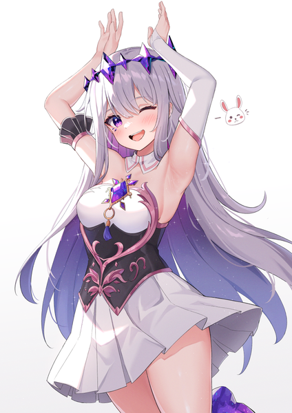 Anime picture 842x1191 with virtual youtuber hololive hololive english koseki bijou koseki bijou (1st costume) ardenlolo single long hair tall image looking at viewer open mouth simple background white background purple eyes silver hair multicolored hair arms up colored inner hair ;d bunny pose