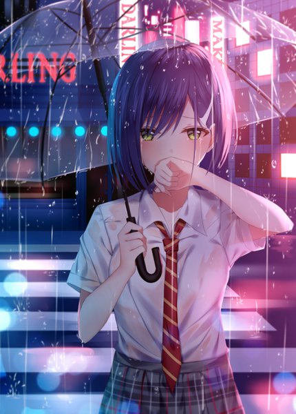 Anime picture 1828x2551 with darling in the franxx studio trigger ichigo (darling in the franxx) junpaku karen single tall image looking at viewer highres short hair holding yellow eyes blue hair upper body outdoors night tears rain wet clothes covered mouth city lights