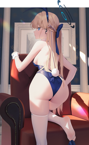 Anime picture 2220x3595 with blue archive toki (blue archive) toki (bunny) (blue archive) aya (lezon) single long hair tall image looking at viewer fringe highres breasts blue eyes light erotic blonde hair standing animal ears ass indoors tail braid (braids)