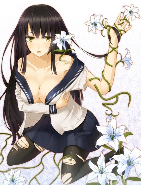 Anime picture 1000x1306 with original karube karu single long hair tall image fringe breasts open mouth light erotic black hair simple background large breasts bare shoulders holding green eyes looking away kneeling torn clothes torn pantyhose girl