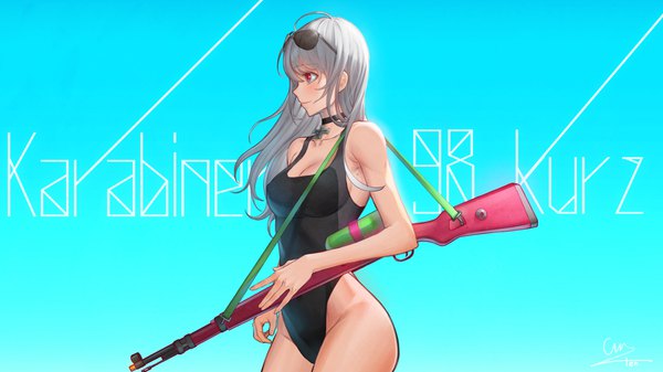 Anime picture 1920x1080 with girls frontline kar98k (girls frontline) ch-chin-chilla single long hair blush fringe highres breasts light erotic simple background smile hair between eyes red eyes wide image standing holding signed cleavage ahoge