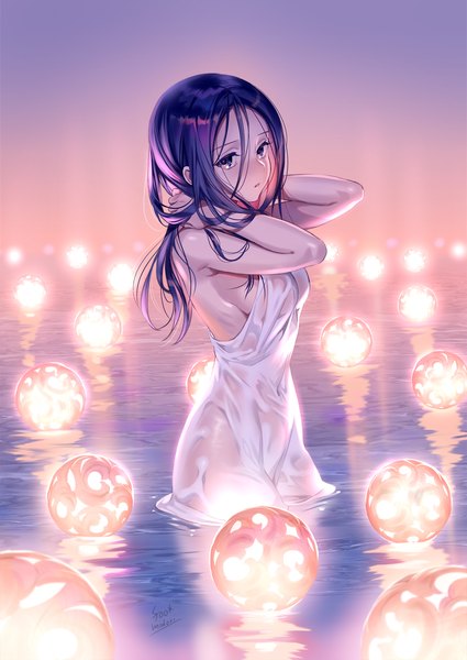 Anime picture 1000x1412 with original midori foo single long hair tall image looking at viewer fringe breasts light erotic hair between eyes standing purple eyes signed purple hair parted lips arms up wet sleeveless partially submerged covered navel