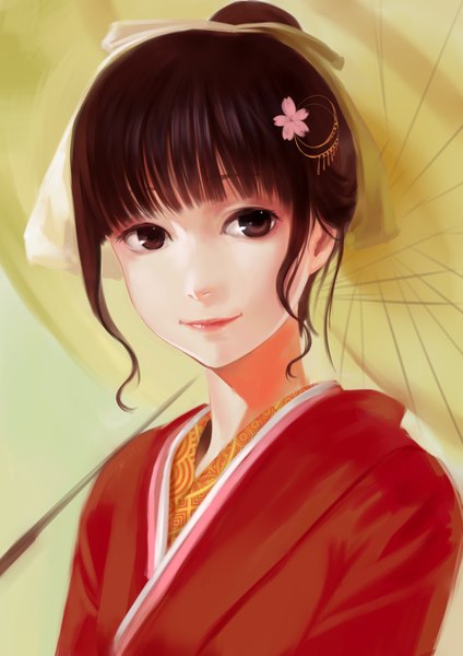 イラスト 2480x3507 と 花咲くいろは ピーエーワークス oshimizu nako 伪团 ソロ 長身像 前髪 highres 短い髪 茶色の髪 茶目 traditional clothes 和服 light smile 女の子 髪飾り 着物 傘 浴衣 和傘