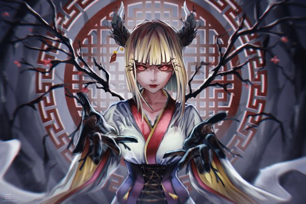 Anime picture 3000x2000 with original hyde (tabakko) single looking at viewer fringe highres short hair blonde hair red eyes standing upper body blunt bangs traditional clothes japanese clothes horn (horns) wide sleeves depth of field lipstick shaded face red lipstick