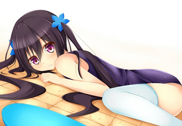 Anime picture 950x659 with original yahiro (anhnw) single long hair blush light erotic black hair simple background white background twintails pink eyes on stomach checkered floor floor girl thighhighs swimsuit white thighhighs one-piece swimsuit scrunchie