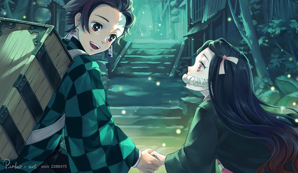 Anime picture 1500x871 with kimetsu no yaiba ufotable kamado nezuko kamado tanjirou akatachibana long hair short hair open mouth black hair red eyes wide image signed outdoors traditional clothes japanese clothes profile pink eyes holding hands siblings eye contact