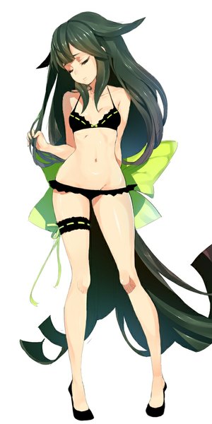 Anime picture 500x1000 with gatchaman crowds tatsunoko utsutsu kii (theory) single tall image fringe light erotic simple background white background eyes closed very long hair head tilt green hair legs arm behind back long legs girl navel bow