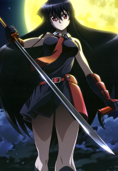Anime picture 4092x5936 with akame ga kill! white fox nyantype akame (akame ga kill!) single long hair tall image looking at viewer highres black hair red eyes bare shoulders absurdres sky cloud (clouds) night official art girl skirt weapon