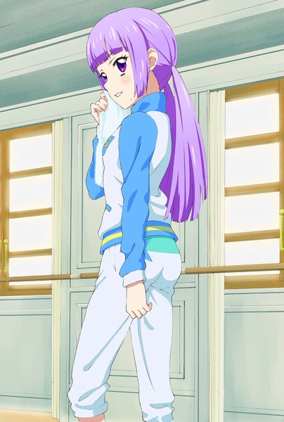 Anime picture 1000x1486 with aikatsu! hikami sumire single long hair tall image looking at viewer blush fringe standing purple eyes twintails purple hair parted lips girl uniform window gym uniform towel wall door