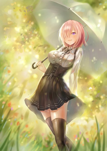 Anime-Bild 1200x1700 mit fate (series) fate/grand order mash kyrielight yahiro (666131415) single tall image looking at viewer blush fringe short hair breasts open mouth smile hair between eyes purple eyes holding pink hair outdoors :d pleated skirt