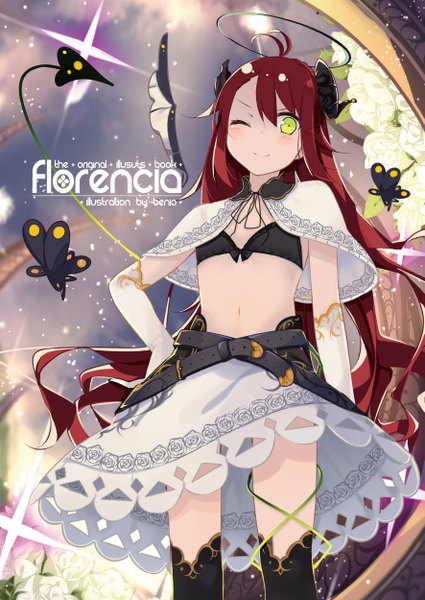 Anime picture 1770x2500 with original benio (dontsugel) long hair tall image blush highres light erotic smile yellow eyes red hair one eye closed horn (horns) wink girl thighhighs skirt gloves navel flower (flowers) black thighhighs