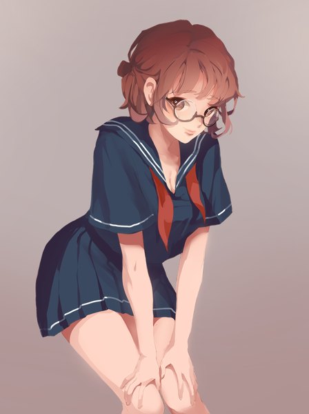 Anime picture 600x802 with original ruck single tall image looking at viewer blush fringe short hair simple background brown hair brown eyes cleavage bent knee (knees) pleated skirt light smile grey background leaning leaning forward half updo hand on knee
